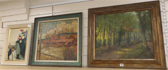 French School, oil on canvas, Woodland scene, 1936 Frost and Reed label verso, 44 x 54cm, and two other oils